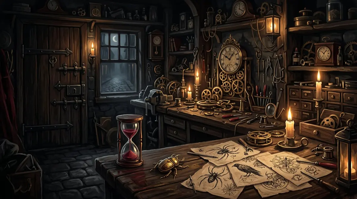 A candlelit Victorian clockmaker's workshop with an hourglass, a golden scarab and ink sketches